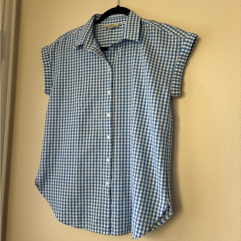 Women’s Loft  XS Long Tunic Top Button Down Shirt Blue And White Checkered